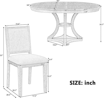 Vintage 5-Piece Extendable Round Dining Table Set for 4 with Chairs, Modern Wood Kitchen Table Set with Tufted Upholstered Chairs for Kitchen Dining Room Living Room (Natural)