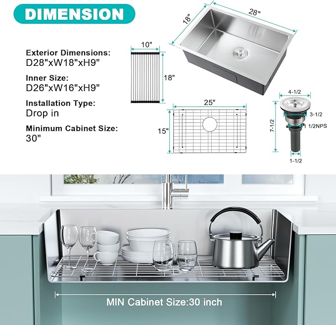 28 Inch Undermount Kitchen Sink, 18 Gauge 304 Stainless Steel Single Bowl with Bottom Grid & Roll-Up Drying Rack, Deep 9” Basin for Kitchen & Laundry (28”x18”x9”)