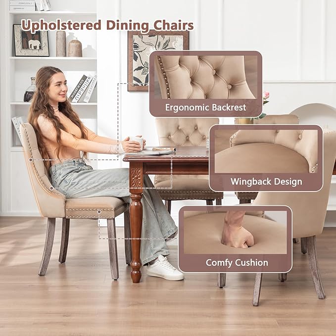 Eifizek Velvet Dining Chairs Set of 6, Upholstered Dining Room Chairs with Nailhead Ring Pull Trim, Button Tufted Wing Back Chairs for Dining with Solid Wood Legs for Kitchen Dining Room(Khaki)