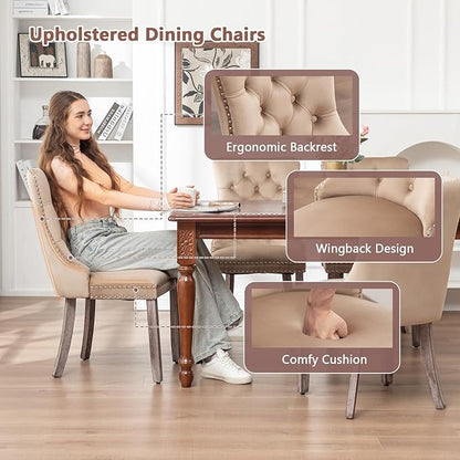 Eifizek Velvet Dining Chairs Set of 6, Upholstered Dining Room Chairs with Nailhead Ring Pull Trim, Button Tufted Wing Back Chairs for Dining with Solid Wood Legs for Kitchen Dining Room(Khaki)