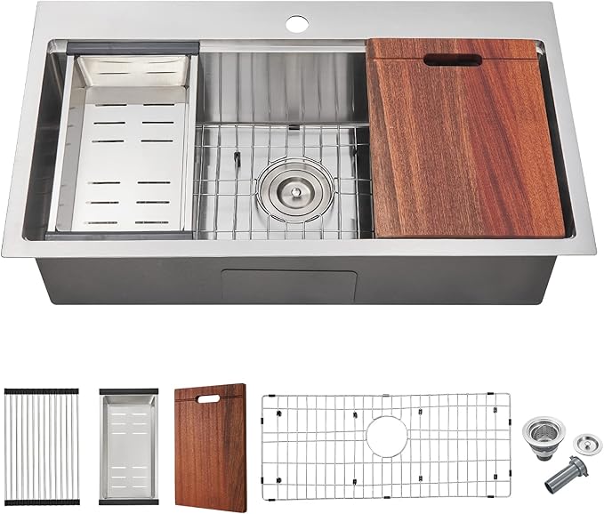 32-inch Workstation Sink Drop in, Single Faucet Hole Single Bowl Kitchen Sink 18 Gauge Stainless Steel Handmade Sink with Integrated Ledge,32"x18"x9"