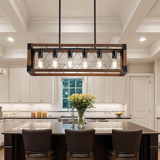 Dining Room Light Fixture/Chandelier Over Table,Matte Black Rustic Wood Ceiling Pendant Light,6-Light Kitchen Island Lighting Fixtures, Linear Farmhouse Chandeliers for Dining Room,Kitchen Island
