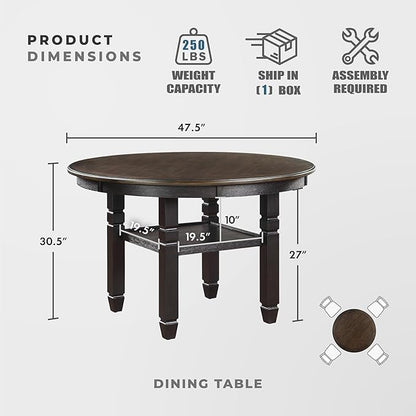 Lexicon Braun 47.5 Dia. Round Dining Table - 30.5" High Round Small Kitchen Table for 2-4, Solid Wood Frame for Small Dining Room, Storage Shelf, Easy Assembly, Brown and Black