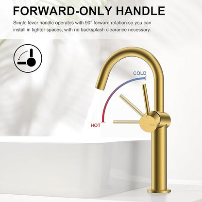 KENES Brushed Gold Tall Bathroom Faucet, Single Handle Vessel Sink Faucet Single Hole, Modern Bathroom Vanity Faucet with Pop Up Drain and Supply Lines, KE-9005C-4