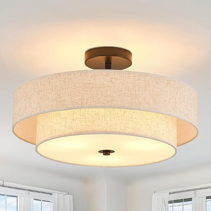Modern Semi Flush Mount Ceiling Light 18" Modern 3-Lights Black Drum Ceiling Lighting Fixture with Linen Shade Vintage Ceiling Lamp for Kitchen, Basement, Laundry Room, Bedroom