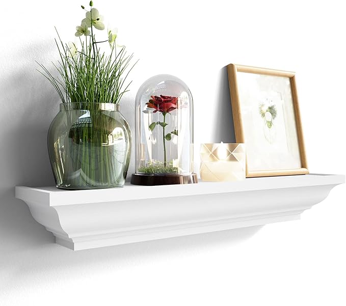 SRIWATANA White Floating Shelves, 24 Inch Solid Wood Storage Wall Shelves Set of 4 Display Ledge Shelves Decor for Bedroom, Living Room, Bathroom, Kitchen - White
