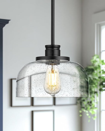 Emak 2 Pack Black Pendant Light Fixtures, 10 Inch Seeded Glass Pendant Lights Kitchen Island, Modern Farmhouse Island Lights for Kitchen, Dining Room, Bathroom, Bar, PL131-BK-SG-2PK