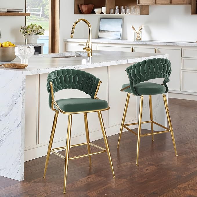 25.2" Velvet Counter Stool with Gold Accents, Ergonomic Plush Seat for Kitchen Island Bar