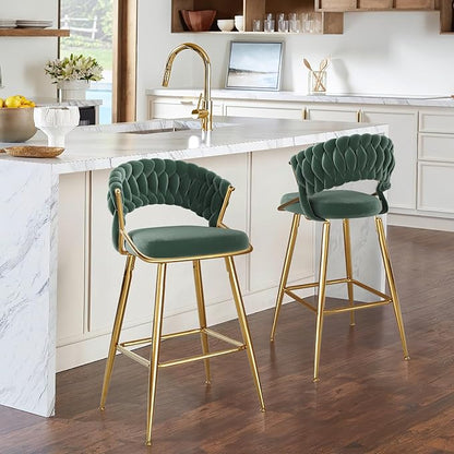 25.2" Velvet Counter Stool with Gold Accents, Ergonomic Plush Seat for Kitchen Island Bar