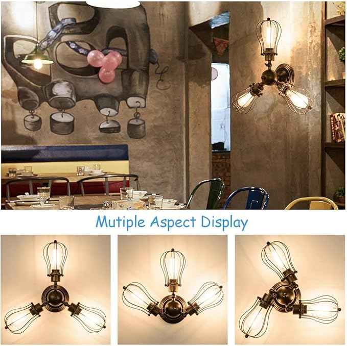 GLADFRESIT Vintage Ceiling Light 3 Lights Adjustable Socket Rustic Lamp, Metal Cage Semi-Flush Mount Industrial Ceiling Light Indoor Home Retro Chandeliers Lighting Fixture