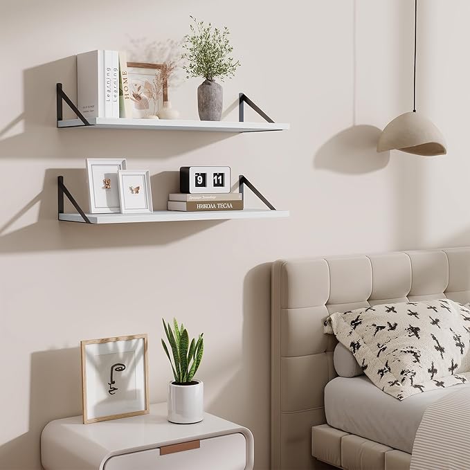 Acovy Deep Floating Shelves for Wall,30" Wx10 D Wood Floating Shelf Set of 2,Sturdy Metal Bracket Wide Display & Storage,Wall Mounted Hanging Floating Shelves for Living Room,Bedroom,Kitchen,White