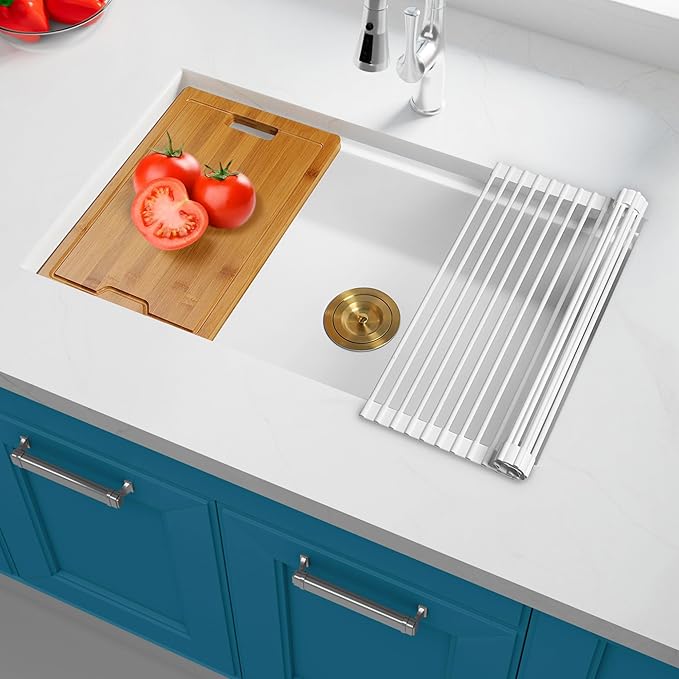 White Undermount Kitchen Sink 32 Inch - Drop In Granite Quartz Composite Workstation Sink - Deep Single Bowl,Dual Mount,with Accessories (White, 32" x 18")
