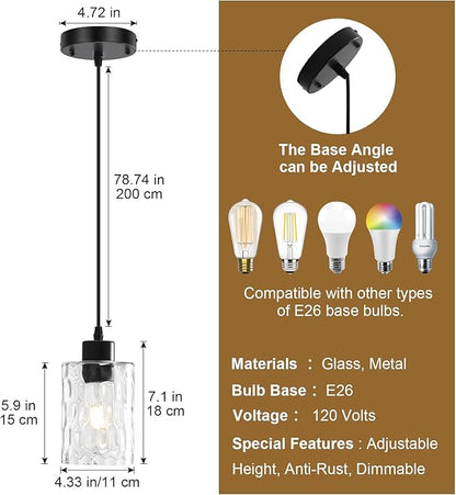 2 Pack Black Pendant Lights Kitchen Island, Adjustable Modern Glass Pendant Light Fixtures Hanging Light Fixture with Hammerde Glass Shade for Bedroom Dining Room Living Room Entryway