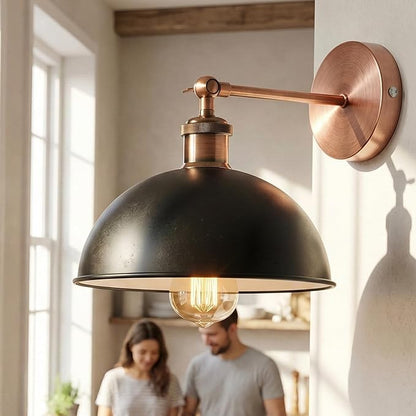 Dome Metal Wall Sconce, 180° Adjustable Industrial Wall Lamp for Bedside, Study, Kitchen, and Living Room Décor. (Black Inner White_)