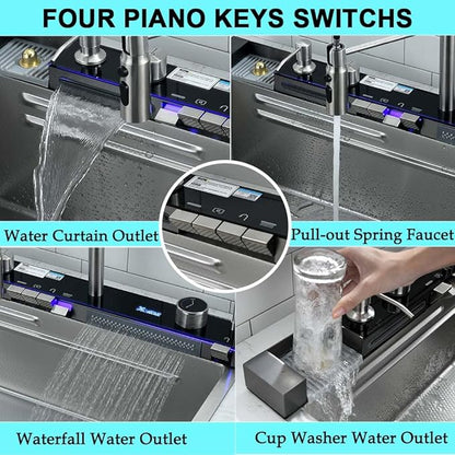 30 Inch Waterfall Smart Kitchen Sink -Wesliv 30x18 Waterfall Kitchen Sink Stainless Steel Digital Display Pull-Out Faucet 18 Guage Single Bowl Sinks with Cup Washer & Soap Dispenser