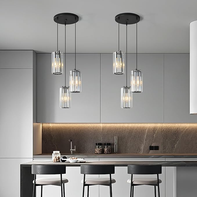 Black Pendant Lighting Modern Pendant Light, Mini Crystal Chandeliers,Adjustable Pendant Light Fixture for Kitchen Island Dinning Room Corridor Bedroom(Gold 3-Light)