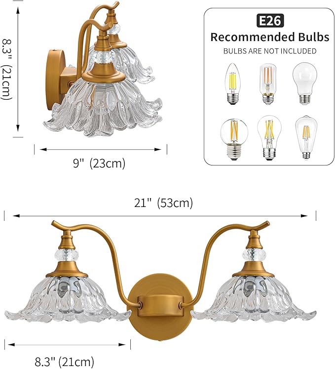 Vintage Bathroom Vanity Light Fixtures - 2 Light Antique Brass Bathroom Lights Fixture Over Mirror with Clear Flower Glass,Retro Brushed Gold Bronze Wall-Mounted Vanity Lighting for Powder Room