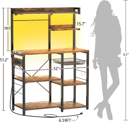 Aheaplus Bakers Rack with Power Outlet and LED light strings, Microwave Oven Stand Kitchen Storage Shelf with Wire Basket, Coffee Bar Station Island table with 10 hooks for Spices, Pots, Rustic Brown