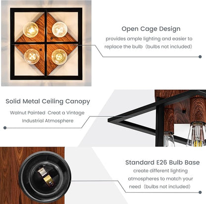 Semi Flush Mount Ceiling Light Fixture, 4 Light Industrial Ceiling Light with Black Frame & Wood Grain Accent, Close to Ceiling Farmhouse Lighting for Kitchen, Bathroom, Bedroom, Hallway (E26,2-Pack)