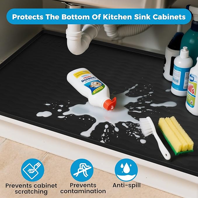 URMONA 25'' x 19'' Waterproof Silicone Under Sink Mat Cabinet and Counter Protector, Shelf Liner for Kitchen and Bathroom, Storage and Organizers, Litter Mat, Pet Cat Puppy Essentials（Light Cream）