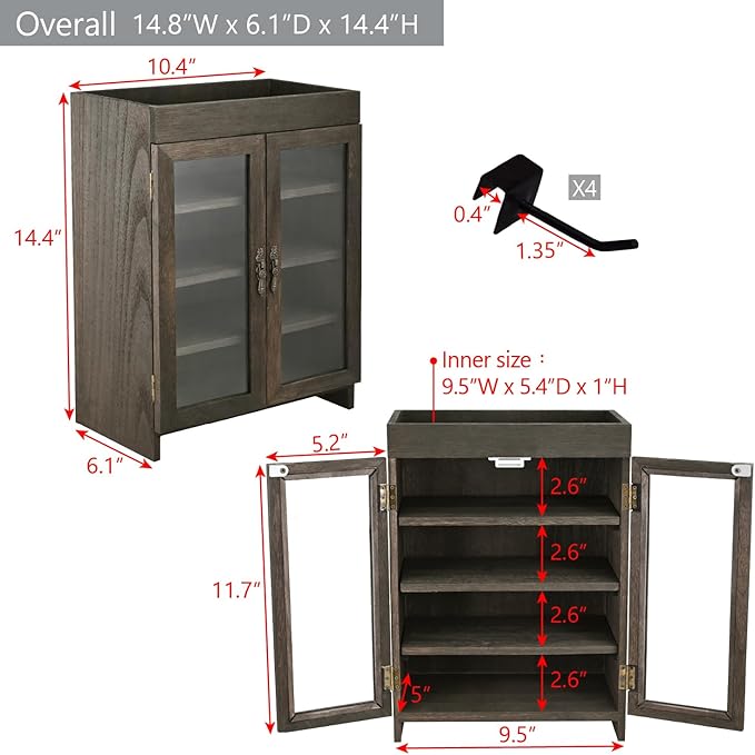 Ikee Design Small Wooden Countertop Storage Cabinet with Adjustable Shelves and Removable Hooks, Perfect for Perfume, Pantry, Essential Oil, 10.4W x 6.1D x 14.4H in, Dark Brown