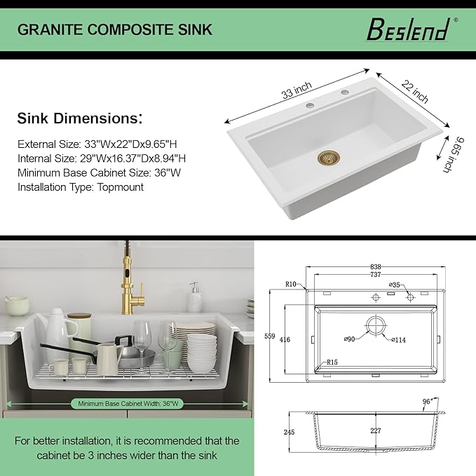 33x22 Inch White Composite Drop In Kitchen Sink Granite Composite Kitchen Sink Workstation Topmount Luxury Above Counter Single Bowl Sink Basin