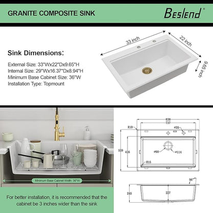 33x22 Inch White Composite Drop In Kitchen Sink Granite Composite Kitchen Sink Workstation Topmount Luxury Above Counter Single Bowl Sink Basin