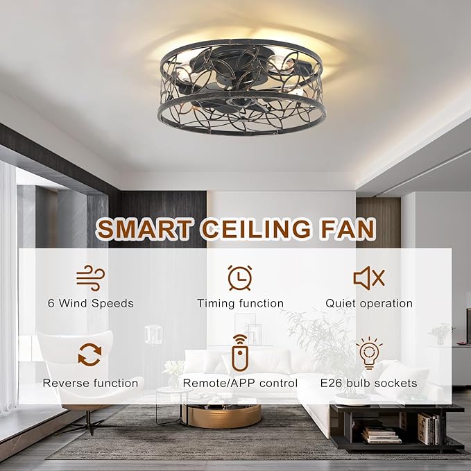Garwarm Caged Ceiling Fan with Light,18in Rustic Industrial Ceiling Fans with Lights and Remote,Bladeless Fandelier Ceiling Fan,Small Flush Mount Ceiling Fan for Kitchen,Bedroom(6 Speed,Timing)-Bronze