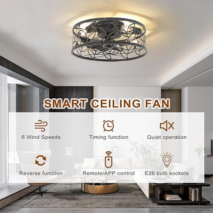 Garwarm Caged Ceiling Fan with Light,18in Rustic Industrial Ceiling Fans with Lights and Remote,Bladeless Fandelier Ceiling Fan,Small Flush Mount Ceiling Fan for Kitchen,Bedroom(6 Speed,Timing)-Bronze