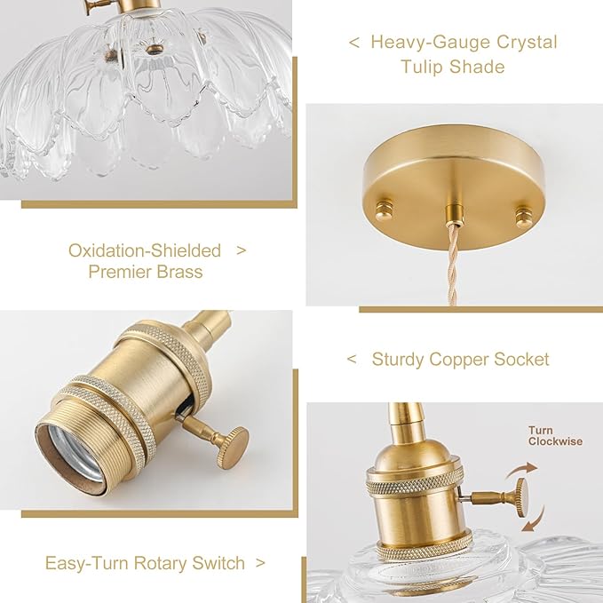 3 Pack Glass Pendant Lights Kitchen Island, Vintage Brass Pendant Light Fixtures, Adjustable Transparent Kitchen Pendant Lighting Over Island for Bedroom Living Room Hallway Dining Room