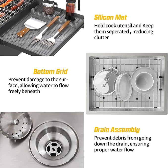 Kitchen Sink,24x18 Inch Kitchen Sink Stainless Steel Undermount Bar Sink Drop In Stylish and Modern Look Sink With Bottom Grid,Silicon Mat And Drain Assembly Add Elegance & Enhance Usability