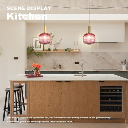 Hanging Pendant Light Plug in 2 Pack, Mid Century Modern Gold Hanging Lights with 14.75Ft Plug in Cord, Pink Striped Glass Ceiling Hanging Lamp for Kitchen Dining Room Living Room Bedroom