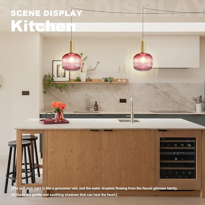 Hanging Pendant Light Plug in 2 Pack, Mid Century Modern Gold Hanging Lights with 14.75Ft Plug in Cord, Pink Striped Glass Ceiling Hanging Lamp for Kitchen Dining Room Living Room Bedroom