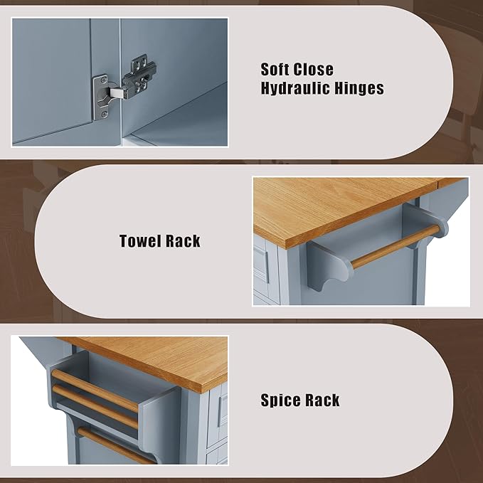 Kitchen Island with Drop Leaf, Embossed Texture Kitchen Island on Wheels with Spice Rack,Towel Rack, 2 Doors and 5 Drawers, Kitchen Storage Cart with Adjustable Shelf for Kitchen (Blue+Grey@093)