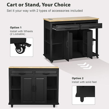 Modern Dining Table Kitchen Island with Extendable Table, Rubber Wood Veneer Dining Table with Rack, Power Outlet, Wood Counter Living Con