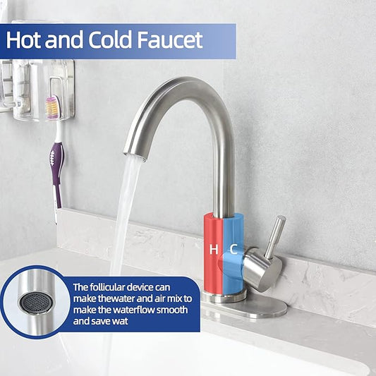 Brushed Nickel Bathroom Sink Faucet - Single Hole, Modern Single Handle Commercial Stainless Steel Bar Faucet with Drain