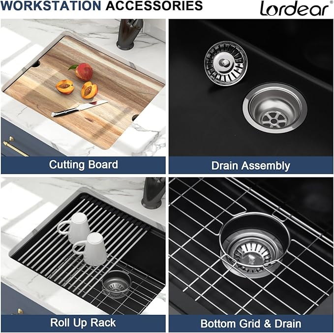 Lordear 21 Inch Granite Composite Bar Sink - 21"x18" Undermount Kitchen Sink Black Single Bowl Under Counter Ledge Workstation Bar Prep RV Basin