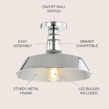 JONATHAN Y 14" Chrome Industrial LED Semi Flush Mount Ceiling Light for Porch, Kitchen, Entryway, Modern Farmhouse Iron Fixture, White Metal Shade, LED Bulb Included (JYL9516B)