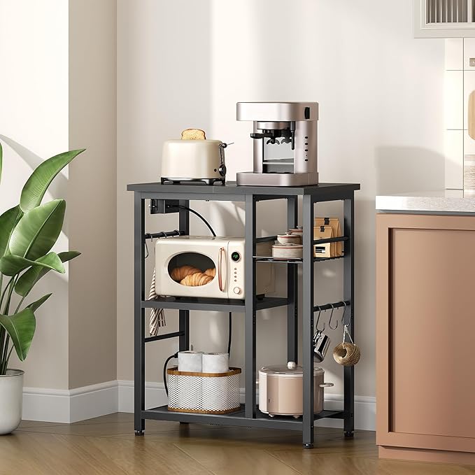 YATINEY Movable Bakers Rack, Microwave Stand with Charging Station, Kitchen Storage Rack with Hooks and Basket, Casters and Adjustable Feet, for Small Space, Kitchen, Dining Room, Black HB04UBB