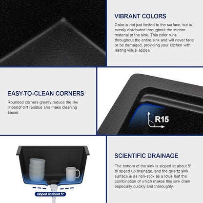 Dcolora 21 In. Black Granite Composite Small Kitchen Sink, Single Bowl Workstation Undermount Prep Sink, Quartz Bar Sink, 21"x18"x9.65" #DC-GBUS25472