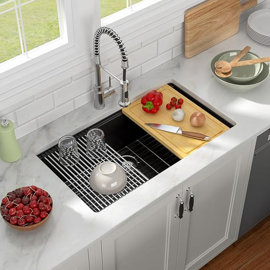 33 x 19 Inch Undermount Granite Composite Kitchen Sink Matte Black Quartz Workstation Single Bowl Deep Modern Design with Accessories