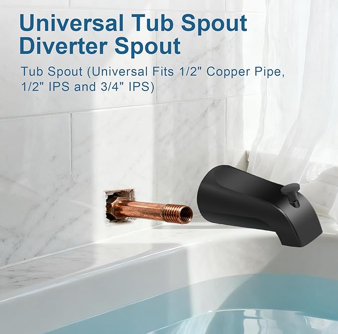 Universal Tub Spout for 1/2" Copper Pipe, 1/2" IPS and 3/4" IPS, Bathtub Faucet with Diverter and Adapter and Hex Wrench (Matte Black)