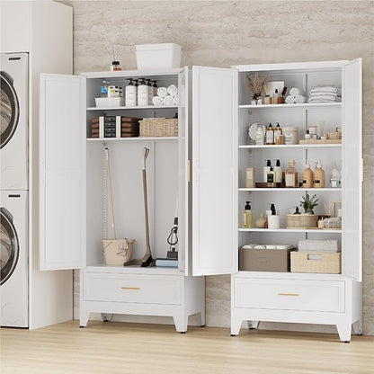 71" Tall Kitchen Pantry Cabinet,Farmhouse Pantry Cabinet,Metal Cabinet with Adjustable Shelves and Drawer,Storage Cabinet for Kitchen Dining Room Garage,White 1 Pack