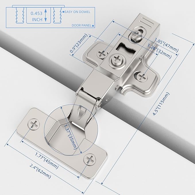Chibery 20 Pack Half Overlay Soft Close Concealed Frameless Cabinet Hinges, Satin Nickel, 105°, Stop at Will 45-105 Degree, Self Closing, 3D Adjustment, Clip On, Stainless Steel for Cupboard Kitchen