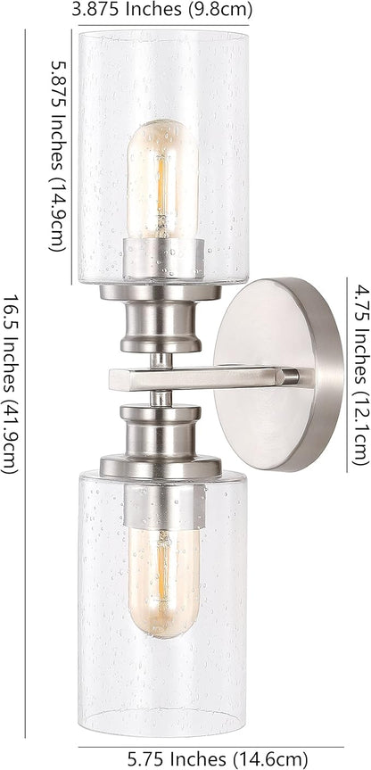 JONATHAN Y 16.5" Nickel 2-Light LED Wall Sconce, Modern Farmhouse Vanity Light with Seeded Glass Shade, Industrial Iron Fixture for Bathroom Mirror, LED Bulbs Included (JYL7577C)