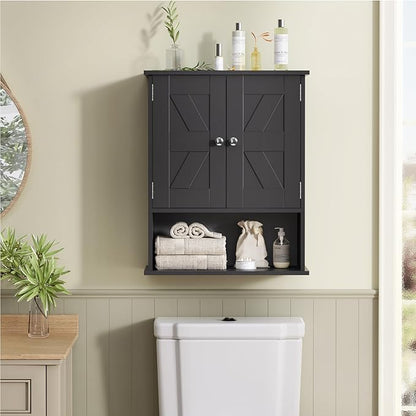 TEENFON Bathroom Wall Cabinet, Over The Toilet Space Saver Storage Cabinet with Barn Doors & Adjustable Shelf, Hanging Medicine Cabinet, Black UNGGX003HV1