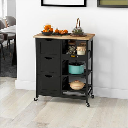 Rolling Kitchen Island Cart, Compact Trolley On Wheels with Top, Shelves & Drawers for Home Dining Area, Black,Multi-Purpose