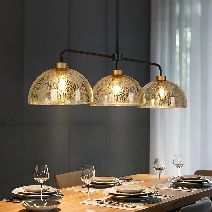 KSANA Kitchen Island Lighting, 3 Light Linear Chandelier with Mercury Dome Glass 44" Large Mid-Century Modern Pendant Light Black and Gold Chandelier for Dining Room