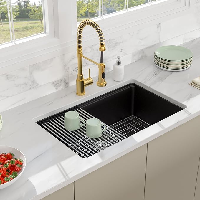28 Granite Composite Kitchen Sink - 28x19 Inch Black Granite Kitchen Sink Undermount Black Quartz Sinks Ledge Workstation Classic Under Counter Single Bowl Basin