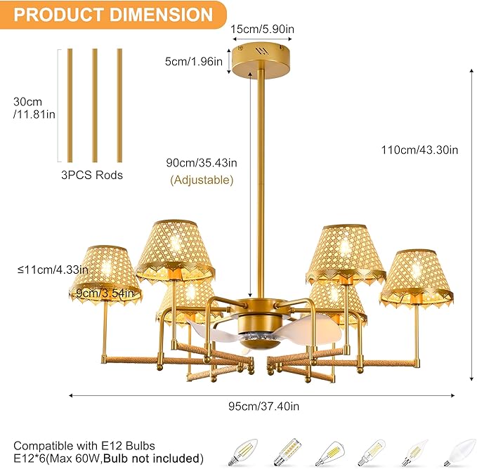 Garwarm 37.4" Ceiling Fans with Lights,Chandelier Ceiling Fan Boho Rattan Fandelier Ceiling Fan with Lights Remote Control for Kitchen Island Dining Living Room